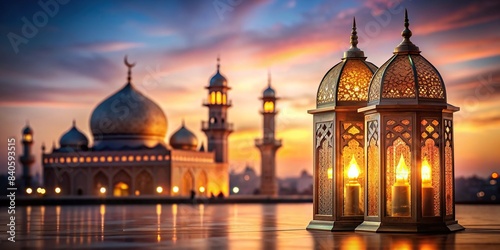 Eid Mubarak and Ramadan Kareem greetings with Islamic lantern and mosque, perfect for Eid al-Fitr celebrations, Eid Mubarak, Ramadan Kareem, Islamic lantern, mosque, Eid al-Fitr
