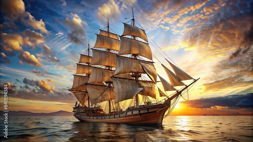 Ornate wooden tall ship in full sail on calm seas, rendered in detailed art, nautical, maritime, sailboat, ship, ocean, water, waves, adventure, journey, travel, wood, sail, vintage, retro photo