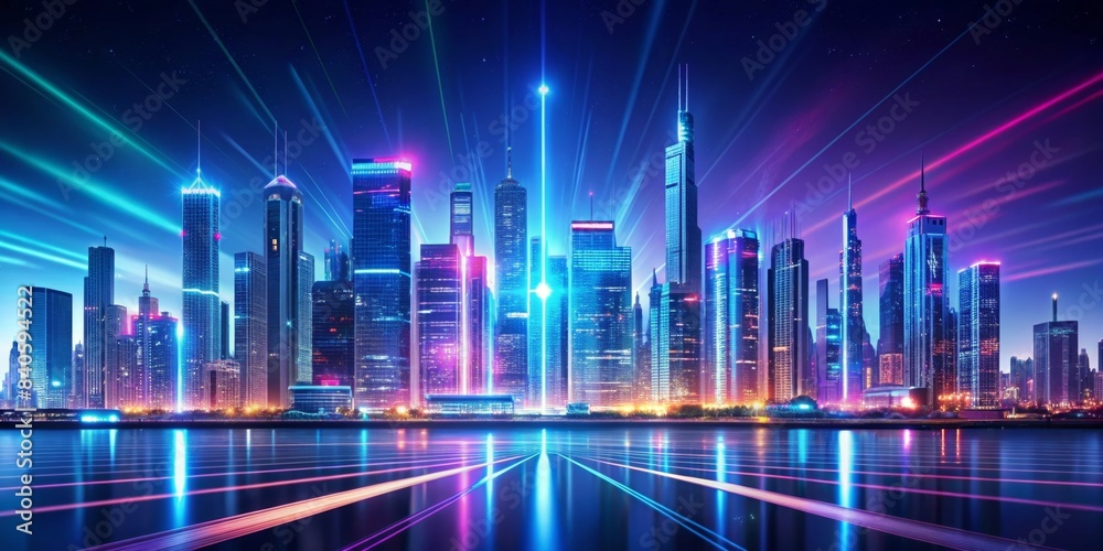 Modern cityscape with futuristic neon technology, virtual reality, and high speed light effects, Speed, light, smart