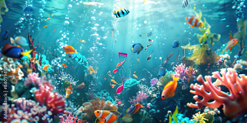 Ocean Melodies: Music Notes Drifting in the Sea with Marine Life and Coral Reefs Ocean Melodies: Music Notes Drifting in the Sea with Marine Life and Coral Reefs
