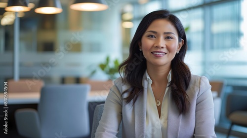 Portrait of filipina woman beautiful business leader, in modern bright office boardroom, professional atmosphere, leadership, diverse workplace, corporate setting.