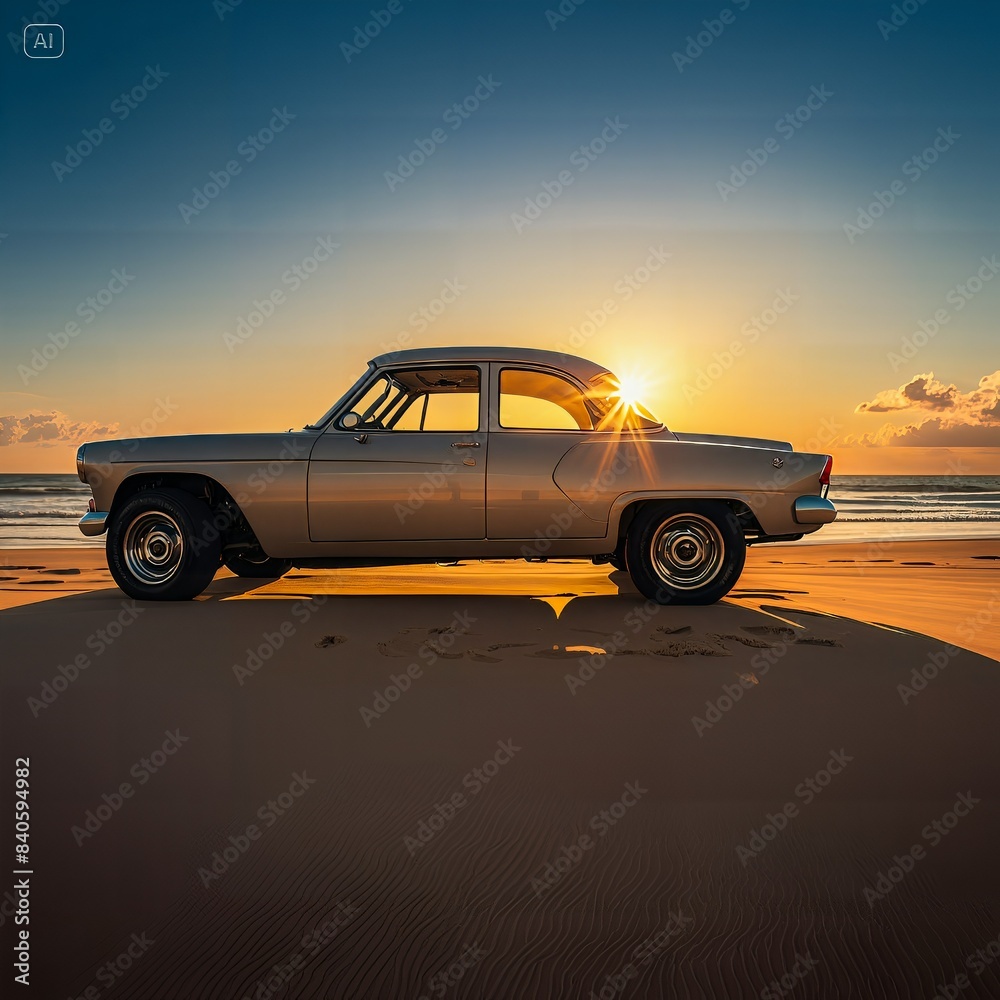 Fototapeta premium Car, sand and sunset
