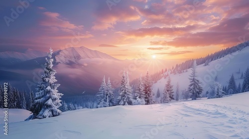 serene winter landscape with snowcapped mountains and a stunning sunset majestic nature photography
