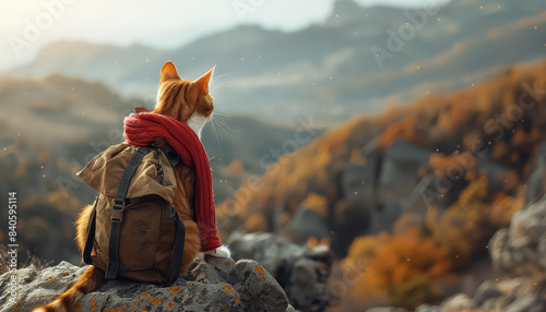 A cat wearing a red scarf and a backpack is standing on a mountain photo