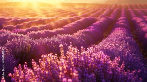 Captivating lavender field in full bloom with rows of vibrant purple flowers stretching into the distance  The warm golden sunlight bathes the serene and tranquil scene