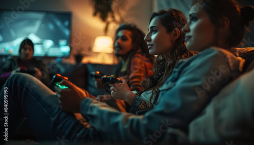 A group of people are playing video games together in a living room