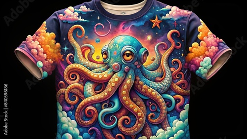 Colorful  of a hyperdetailed octopus tee with stars and clouds , octopus, colorful, tee, hyperdetailed, stars, clouds, dark,, graphic, design, print, clothing, ocean, marine, aquatic photo