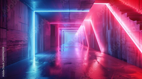 A neon colored tunnel with red and blue lights