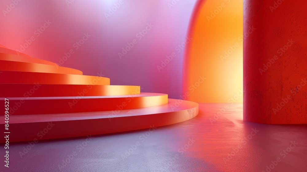 A staircase is shown in a room with a red wall A staircase is shown in a room with a red wall