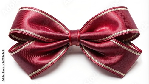 Burgundy red double layered bow with long tails on white background, ribbon, decoration, gift, present, fancy, elegant, luxurious, festive, holiday, Christmas, birthday, celebration, decor