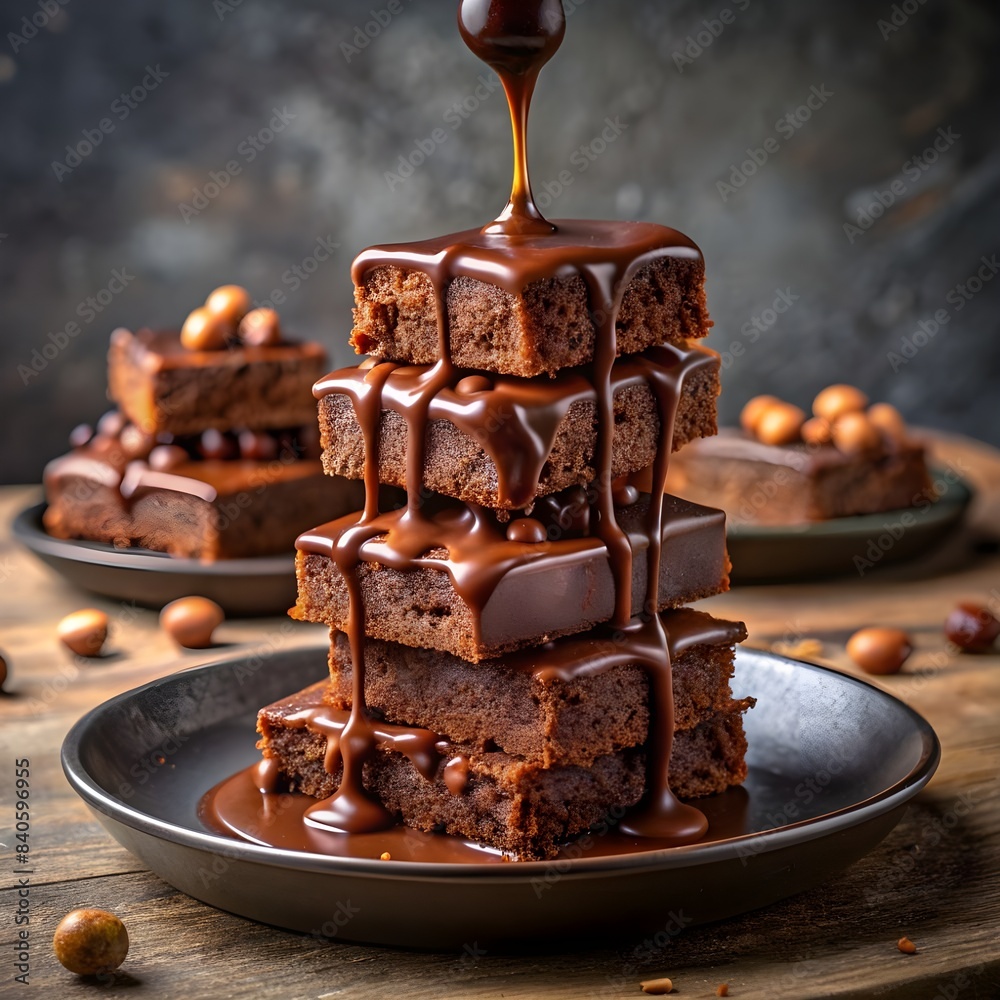 Obraz premium chocolate syrup poured over tower of chocolate nut