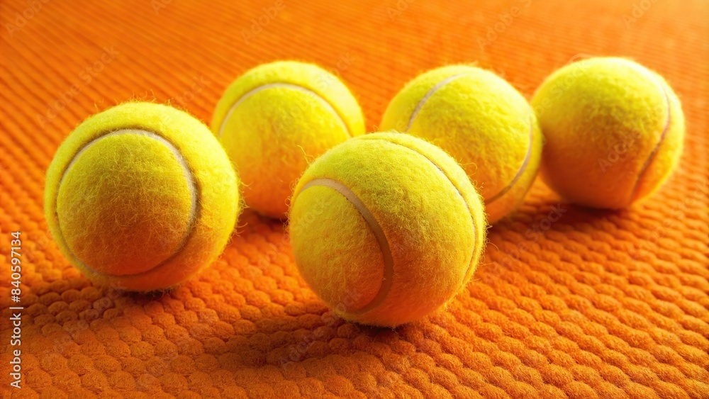 Four bright yellow tennis balls arranged on an orange textured surface, with one ball in foreground , sports equipment, tennis, yellow, vibrant, arrangement, sport, recreation, round