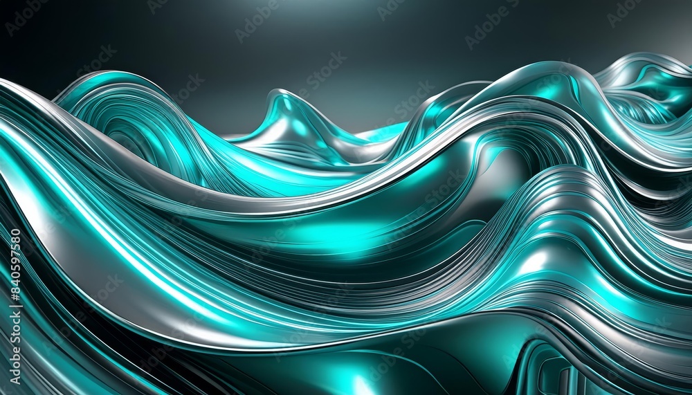 Fluid metallic waves in shades of teal and silver create a mesmerizing ...