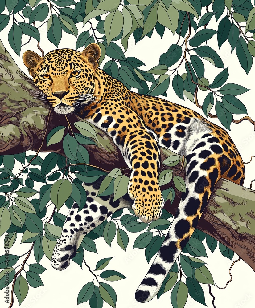 Naklejka premium Leopard resting on a tree branch surrounded by green leaves in a dense jungle setting.