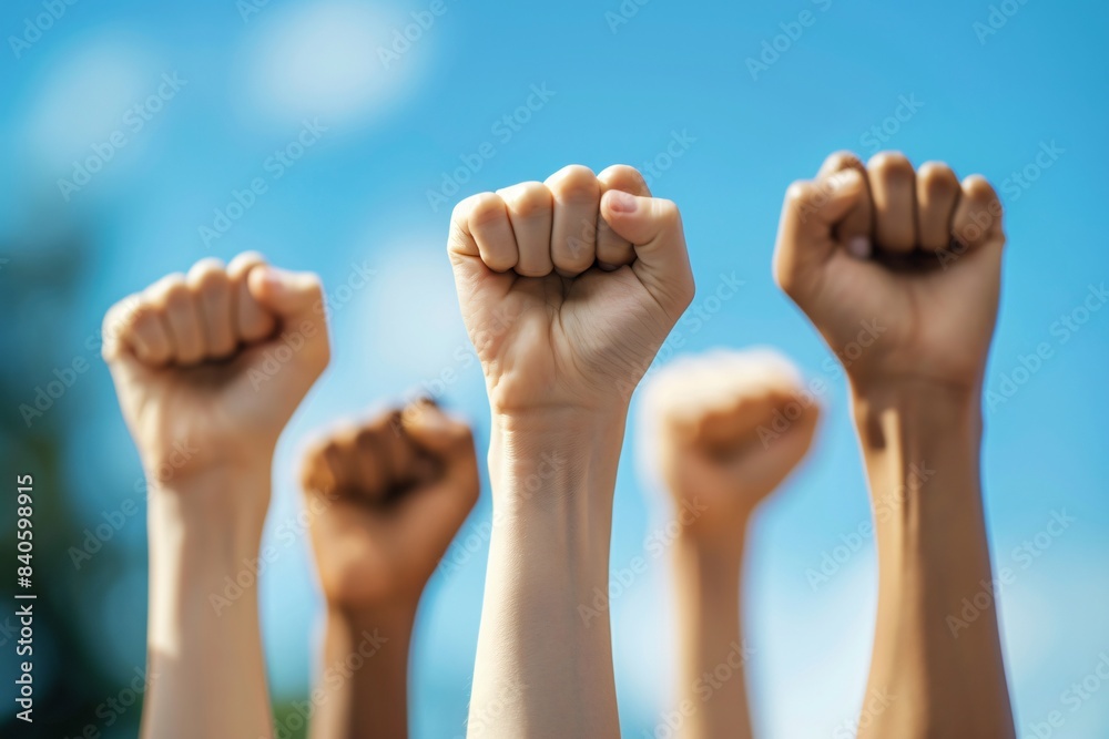 Multiple individuals raise fists in protest Multiple individuals raise fists in protest