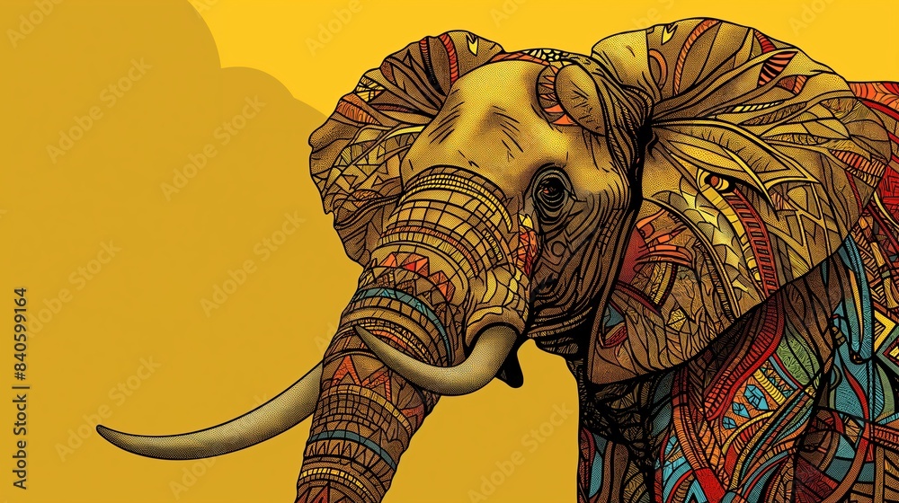 Obraz premium A detailed, colorful elephant with intricate patterns on a yellow background.