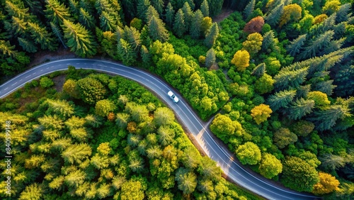 Aerial view of a vehicle driving down a winding forest road in the countryside, wild, forest, road, journey, aerial, photography, vehicle, driving, countryside, nature, landscape © surapong