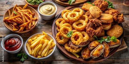 Greasy foods day concept with various unhealthy fried food items on a table  including french fries