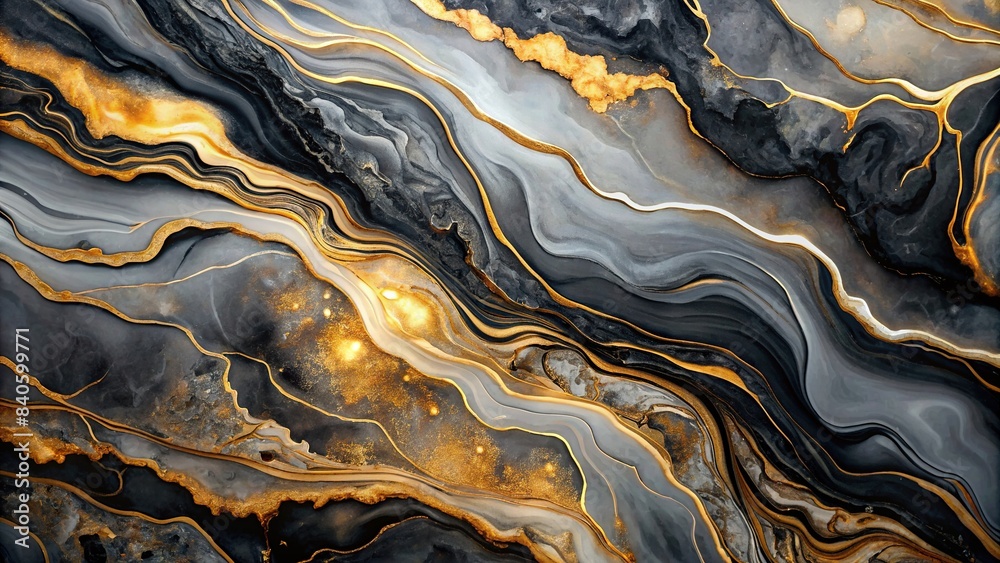 Luxury abstract fluid art painting in black, gray and gold paints with ...