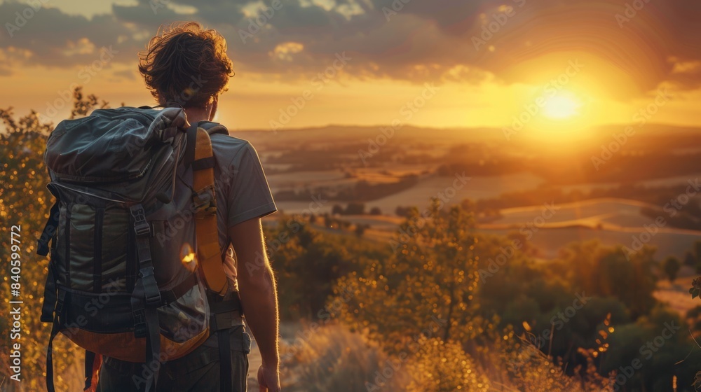 backpacker from behind, with his backpack clearly visible, looking towards the horizon with the sun setting. generative ai backpacker from behind, with his backpack clearly visible, looking towards the horizon with the sun setting. generative ai