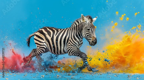 A zebra galloping across a vibrant scene with splashes of colorful powder against a bright blue background  symbolizing energy and creativity.