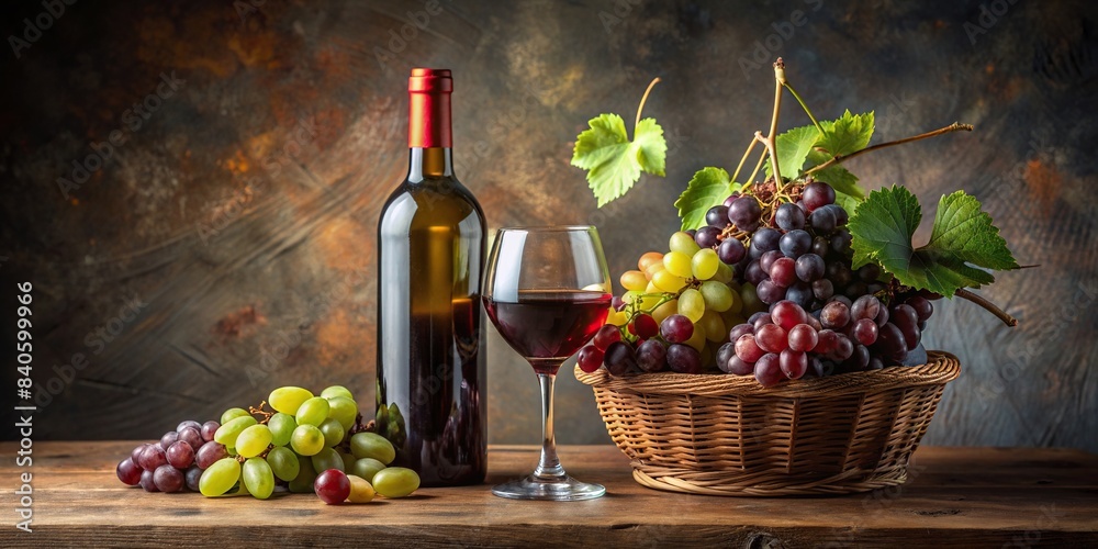 Still life composition featuring a bottle of wine, a wine glass, and a bunch of grapes , wine, grapes, bottle, glass, red wine, table, still life, alcohol, fruit, vineyard, winery, drink
