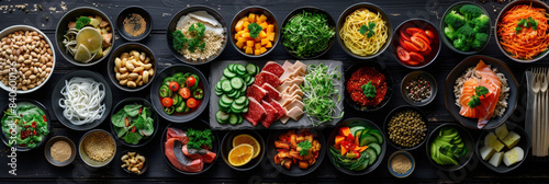 Colorful assortment of fresh ingredients beautifully arranged in bowls on a dark wooden table, featuring a variety of vegetables, meats, grains, and seafood for culinary inspiration and 
