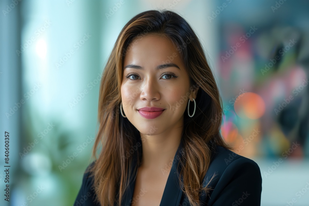 Portrait of filipina woman beautiful business leader, in modern bright office boardroom, professional atmosphere, leadership, diverse workplace, corporate setting. Portrait of filipina woman beautiful business leader, in modern bright office boardroom, professional atmosphere, leadership, diverse workplace, corporate setting.