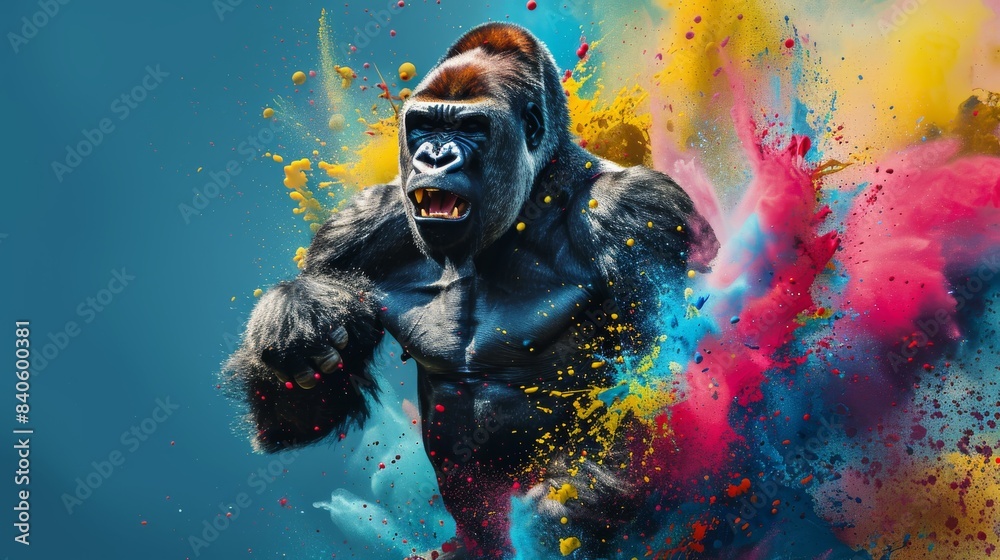 Dynamic image of a powerful gorilla amidst vibrant, colorful powder explosion - vibrant wildlife, impactful art piece. Dynamic image of a powerful gorilla amidst vibrant, colorful powder explosion - vibrant wildlife, impactful art piece.