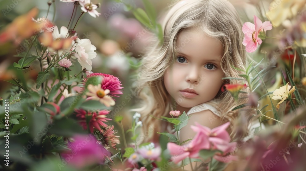 Fototapeta premium girl surrounded by flowers and plants in the garden generative ai