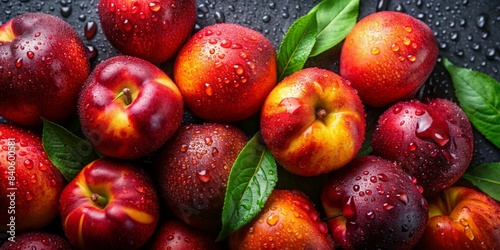 Fresh ripe nectarines with water drops  top view   fruit  nectarine  fresh  ripe  juicy  delicious  sweet  healthy  vibrant