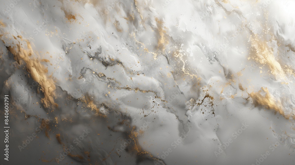Obraz premium Abstract White Paint Background with Gold Splatters Featuring Light Gray and Dark Beige Tones: Muted Whimsy and Dusty Piles with Free Brushwork and Metallic Finishes