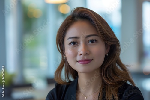 Portrait of filipina woman beautiful business leader, in modern bright office boardroom, professional atmosphere, leadership, diverse workplace, corporate setting.