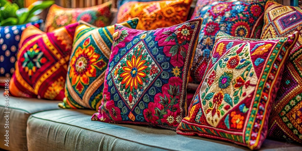 Close-up of vibrant cushions on sofa, showcasing intricate designs and textures , home decor, cushions, sofa, colorful, interior design, fabric, pattern, detail, arrangement, living room