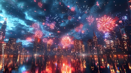 3D Fireworks Illuminating City Skyline with Vivid Colors
