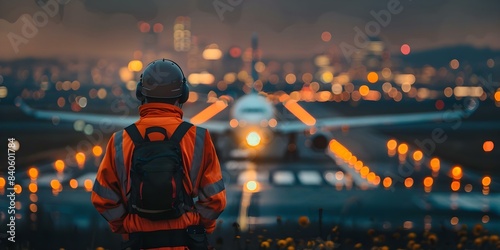 Guiding Aircraft for Landing Aviation Marshaller with Blurred Cityscape Background. Concept Aviation Marshalling, Aircraft Guidance, Landing Procedures, Blurred Cityscape Background