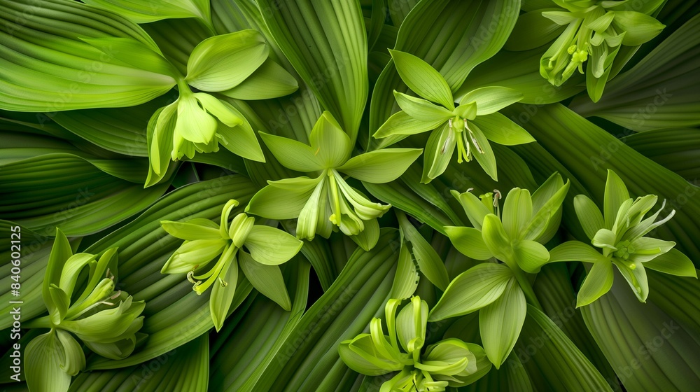 Fototapeta premium arranged of hosta flowers top down view close up background