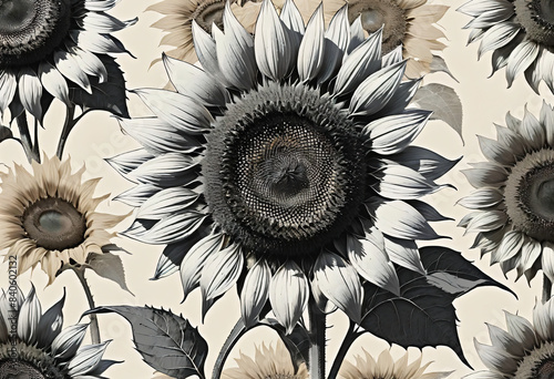 Floral Pattern Vector Art with Sunflowers and Leaves Seamless Background Illustration