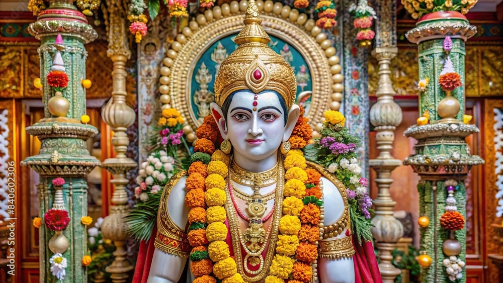 Lord Ram idol in a serene temple setting, Hinduism, deity, worship, religion, spiritual, culture, tradition, divine, sacred, stone, statue, ancient, belief, faith, mythology, mythology