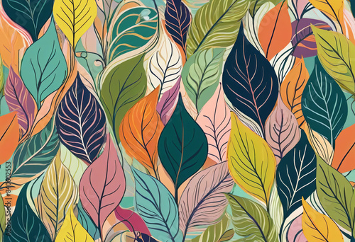 a lush,colorful abstract plant leaf pattern, intricate freehand doodle collage, organic cartoon nature shapes
