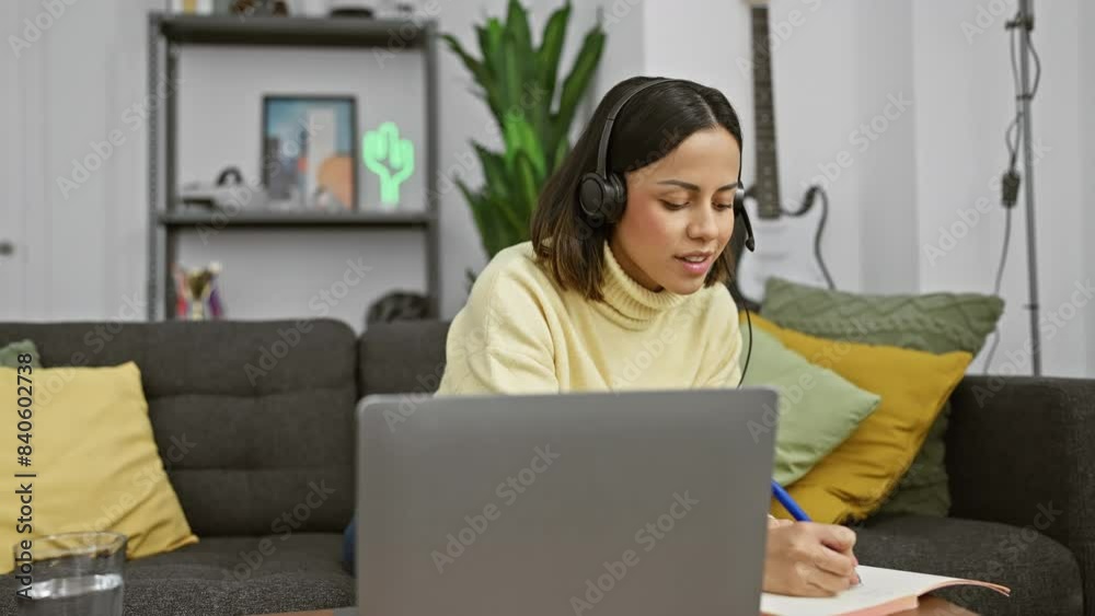 Hispanic woman in a turtleneck working on laptop with headphones in a cozy living room setting. Hispanic woman in a turtleneck working on laptop with headphones in a cozy living room setting.