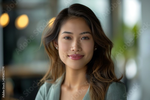 Portrait of filipina woman beautiful business leader, in modern bright office boardroom, professional atmosphere, leadership, diverse workplace, corporate setting.