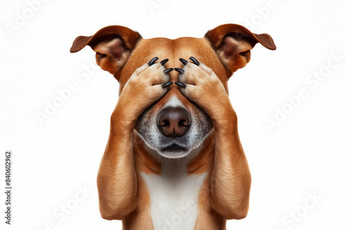 Funny Dog covers his nose and eyes with his paws Isolated on white background