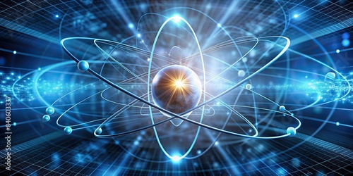 Unstable atom nucleus with electrons spinning around it in a technology background , science, nuclear, unstable, atom, nucleus, electrons, spinning, technology, background, energy, power photo