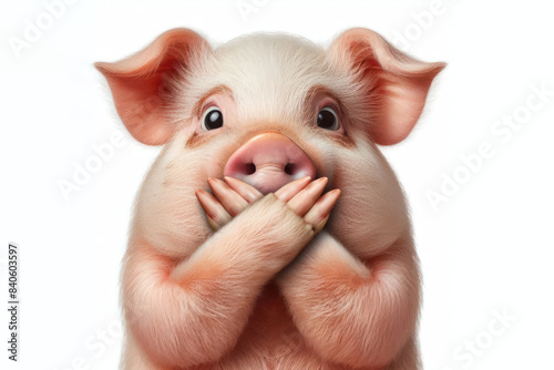 Funny pig covers his mouth with his paws Isolated on white background