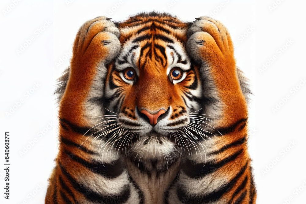 Fototapeta premium Funny Tiger covers his ears with his paws Isolated on white background