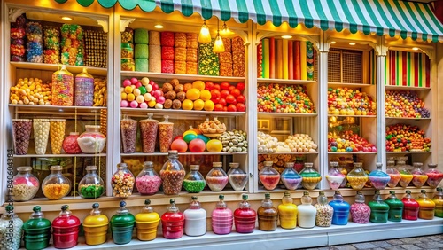 Vintage candy store front with colorful signage, retro decor, and a variety of sweets on display , Candy store, vintage, retro, sweets, colorful, nostalgia, storefront, display, treats © wasan