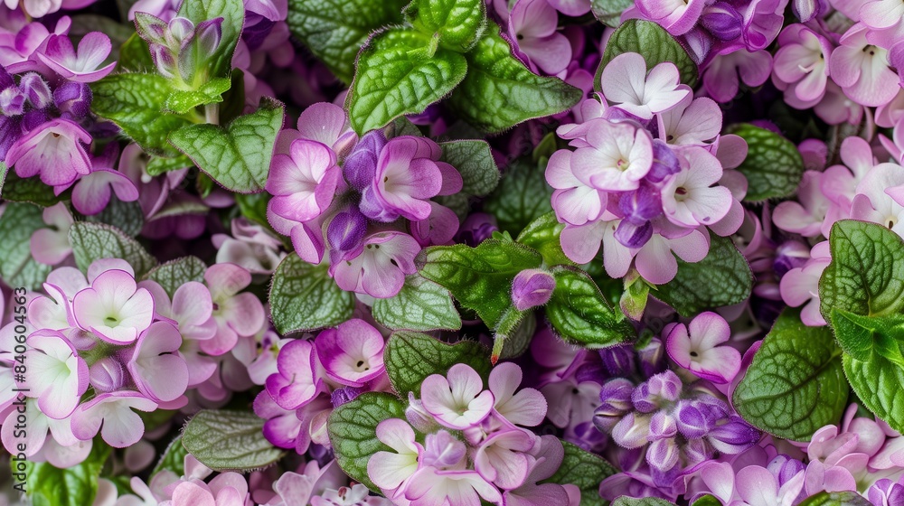 top view of bouquet arranged of lamium flowers top view of bouquet arranged of lamium flowers