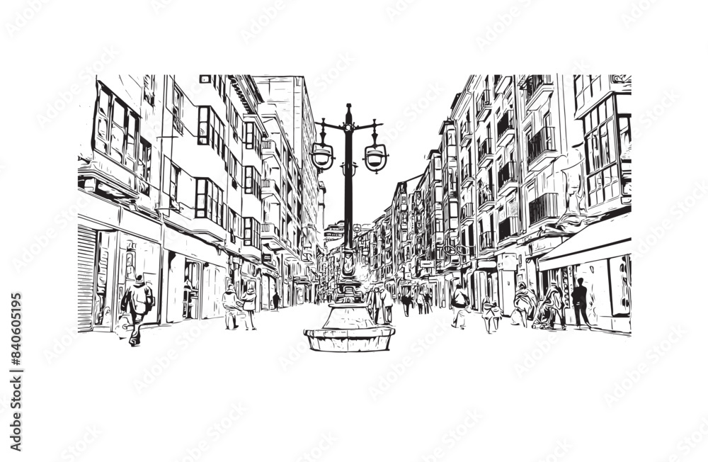 Print Building view with landmark of Santander is the city in Spain. Hand drawn sketch illustration in vector.