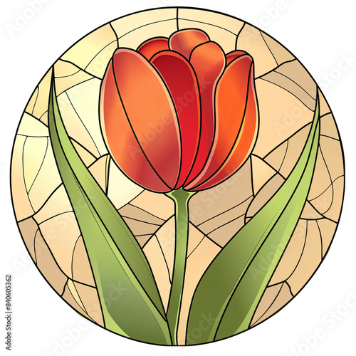 Stained glass red tulip, circular graphic isolated on white background